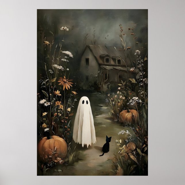 Poster Fantôme avec chat noir la nuit – Maison hantée (Devant)