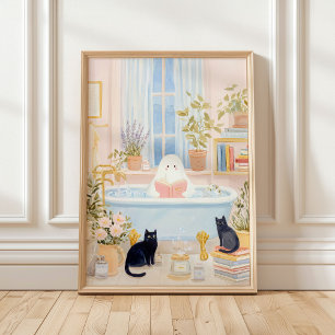 Poster Fantôme Cozy lisant dans un bain moussant avec des