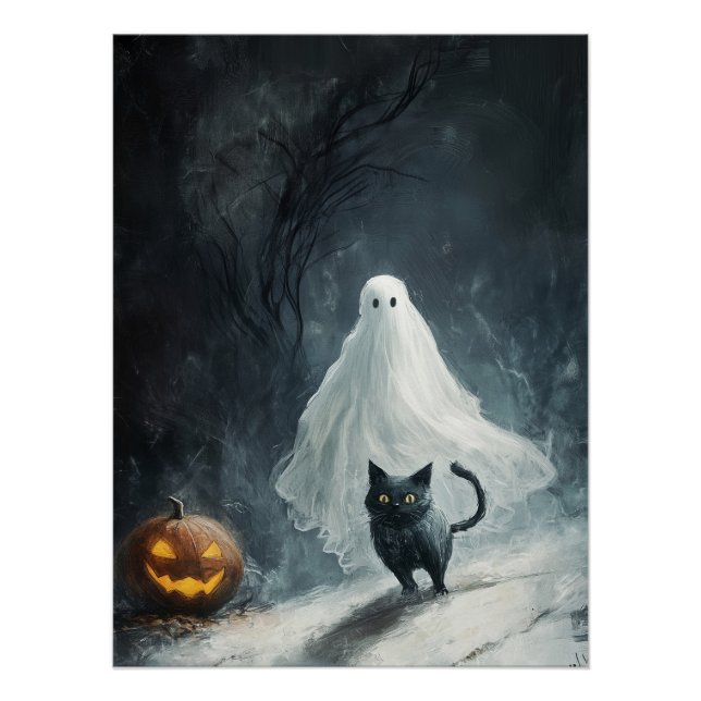 Poster Fantôme d'Halloween et chat noir (Devant)
