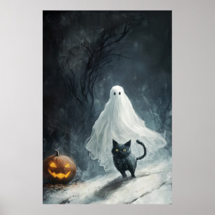 Poster Fantôme d'Halloween et chat noir