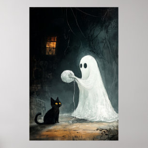 Poster Fantôme d'Halloween et chat noir Jouer avec du fil