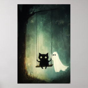 Poster Fantôme d'Halloween et chat noir sur une aile