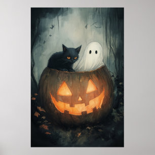 Poster Fantôme d'Halloween et SPA de chat