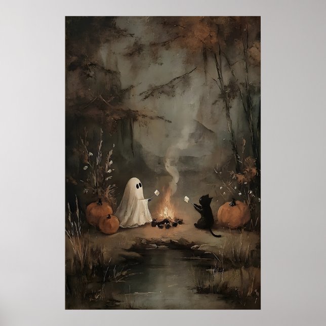 Poster Fantôme et chat noir au feu de camp avec guimauves (Devant)