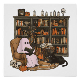 Poster Fantôme lisant un livre amateur de chat Halloween