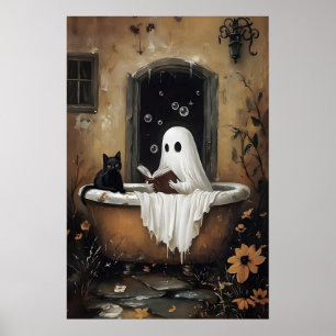 Poster Fantôme lisant un livre et chat noir prenant un ba
