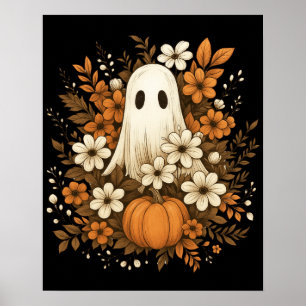 Poster Fantôme mignon avec Citrouille et fleurs d'automne