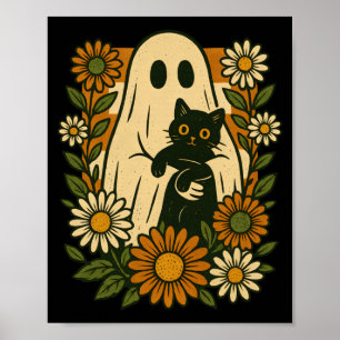 Poster Fantôme mignon tenant un chat noir floral groovy d