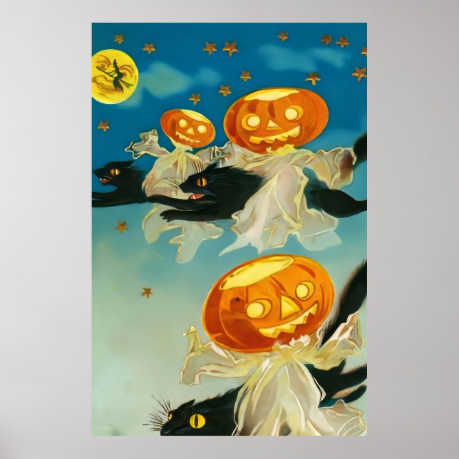 Poster Fantômes Citrouilles vintages d'Halloween et chats (Devant)