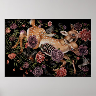 Poster Faon de cerf avec oiseaux et fleurs gothique botan