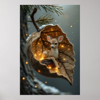 Poster 🦌 Faon hivernal enchanté – Cocon de feuille lumin