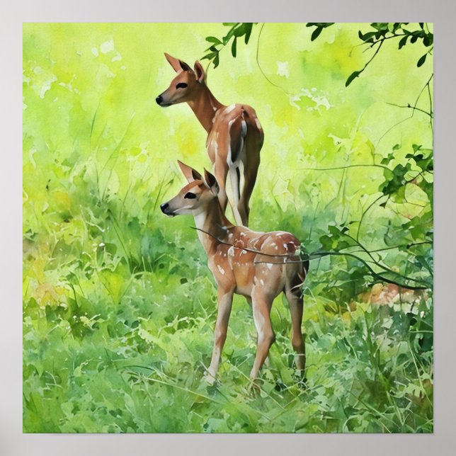 Poster Faons jumeaux de cerf dans l'art aquarelle de la n (Devant)