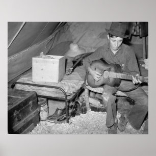 Poster Farm Worker Playing Guitar, 1939. Vintage Photo