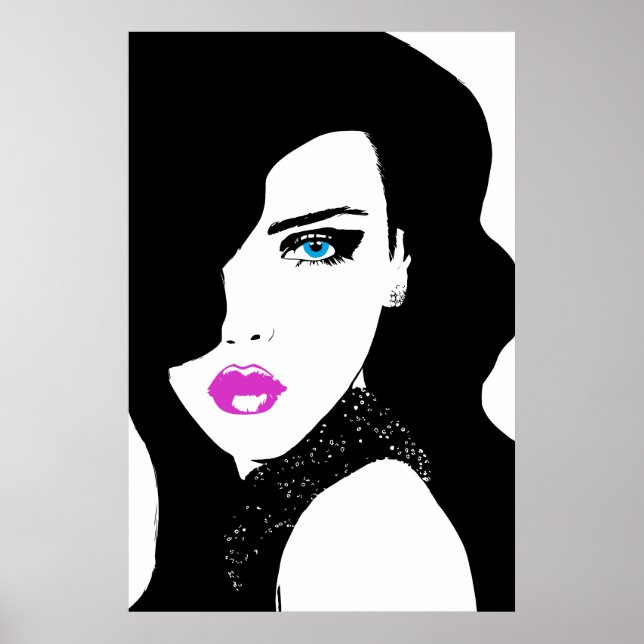 Poster Fashion Girl noir rose bleu (Devant)