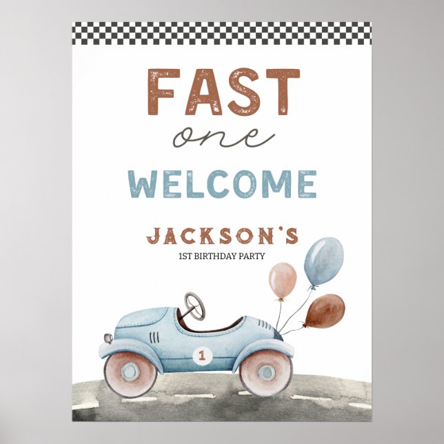 Poster Fast One Racing Car Blue Boy 1er anniversaire Bien (Devant)