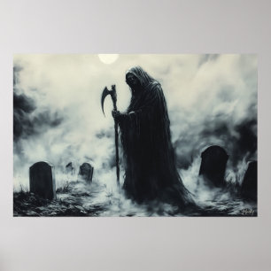 Poster Faucheuse mystérieuse dans un cimetière brumeux