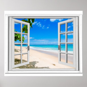 Poster Fausse Fenêtre Avec Vue Océan Plage Tropicale