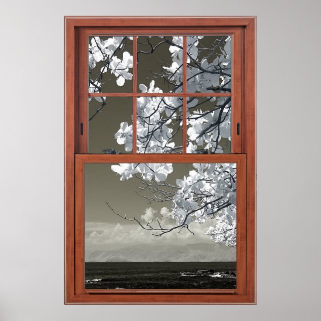 Poster Fausse fenêtre - Omins fleurs blanches (Devant)