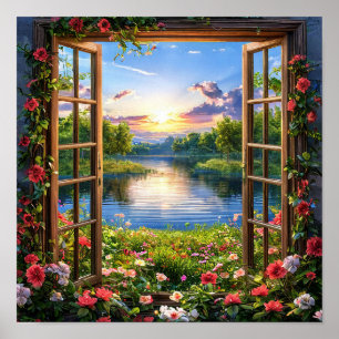 Poster Fausse fenêtre Paysage Vue de fenêtre Illusion Vue