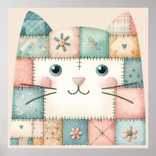 Poster Fausse Maisonnette Pastel Patchwork Visage de Chat