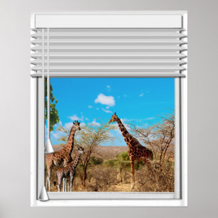 Poster Fausse vue de fenêtre de girafes