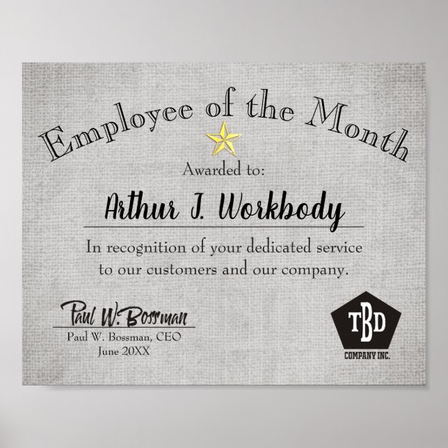 Poster Faux burlap star employé du certificat du mois (Devant)