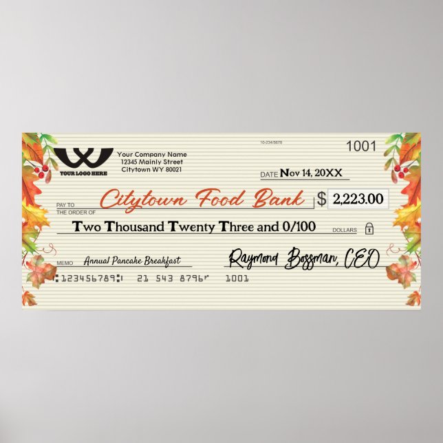 Poster Faux chèque caritatif géant automne automne automn (Devant)