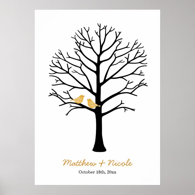 Poster Faux Gold Birds Black Fingerprint Tree Mariage (Devant)