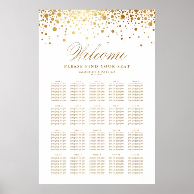 Poster Faux Gold Foil Confetti Mariage blanc Plan de sièg (Devant)