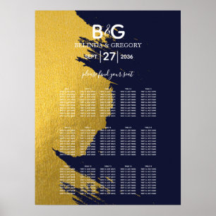 Poster Faux Gold Marine Blue Monogram Mariage Seing Chart