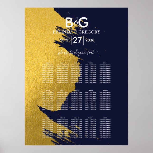 Poster Faux Gold Marine Blue Monogram Mariage Seing Chart (Devant)