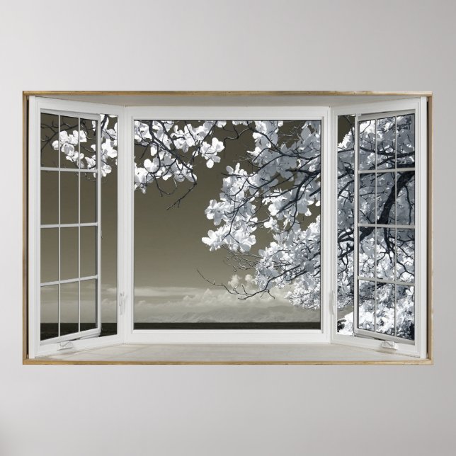 Poster Faux Illusion de fenêtre - Vue Ominse en fleurs bl (Devant)