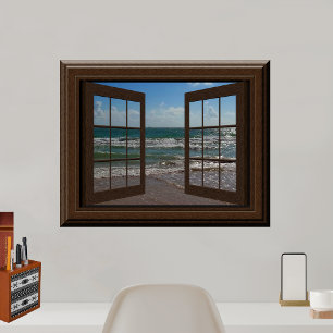 Poster Faux Window Aquamarine Waves Ocean Scene Tranquill