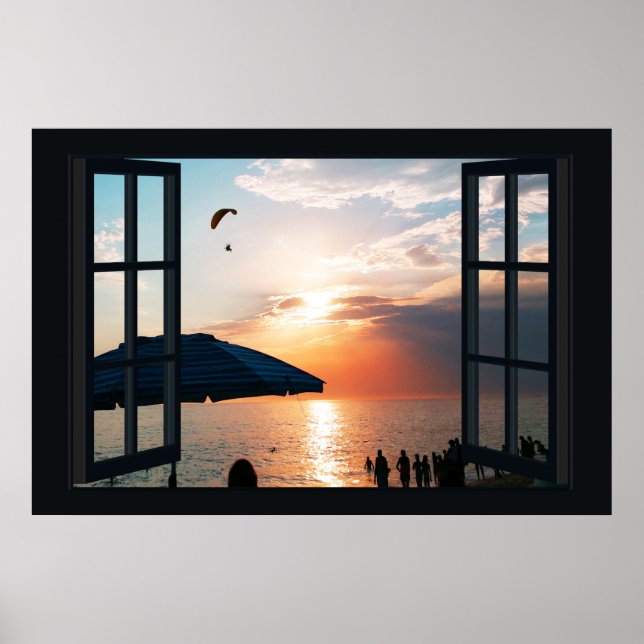 Poster Faux Window avec Beach Sunset Ocean (Devant)