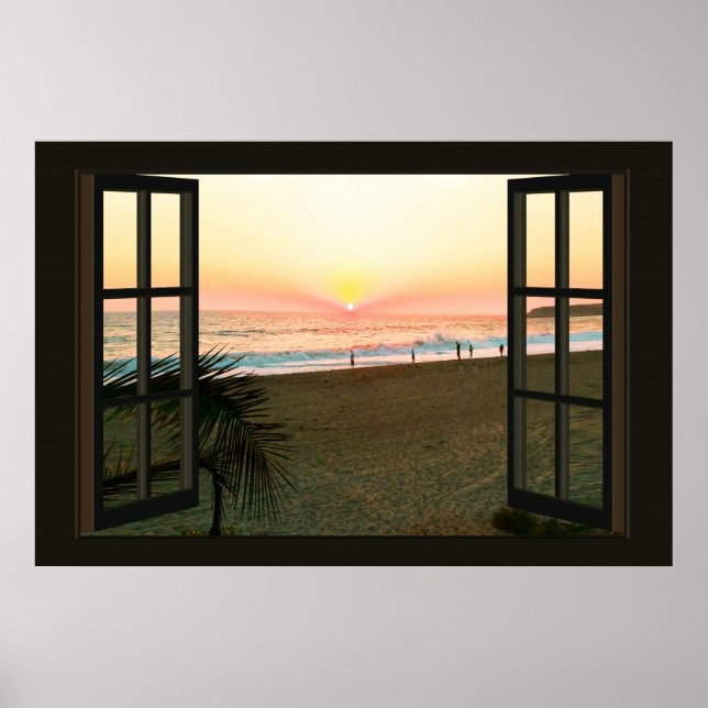 Poster Faux Window avec Beach Sunset Ocean (Devant)