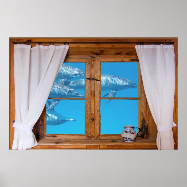 Poster Faux Window View Sous-marin Dolphins Ocean Fun (Devant)