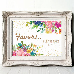 Poster Faveurs de Baby Shower Rose Jaune Bleu Floral Or