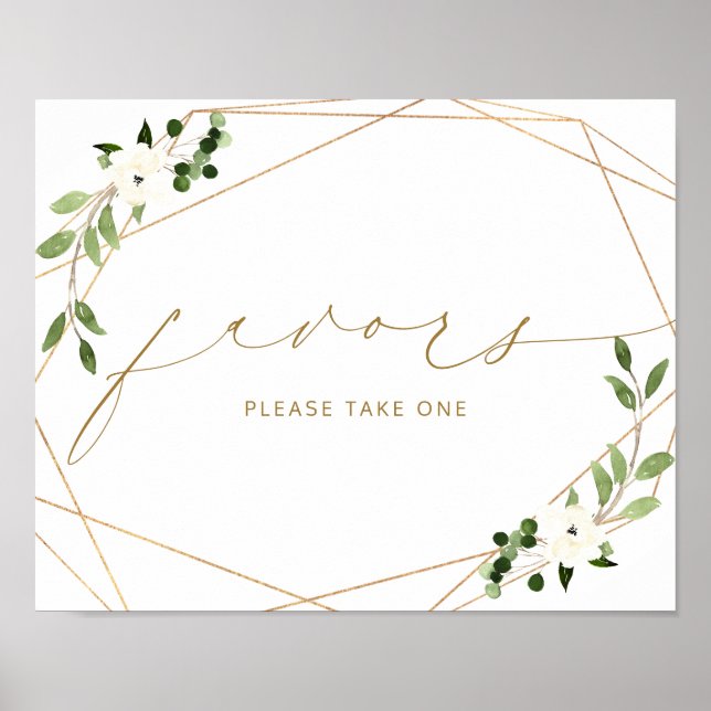 Poster Faveurs de mariage pancarte géométrique verdure or (Devant)