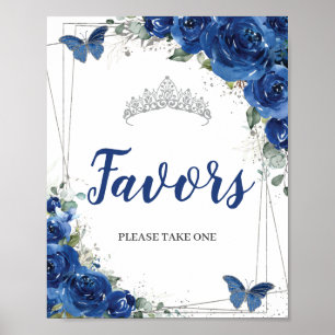 Poster Faveurs de Quinceañera papillons floraux bleu roya