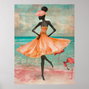 Poster *~* FD2 Flamant rose rose Femme noire tropicale 28
