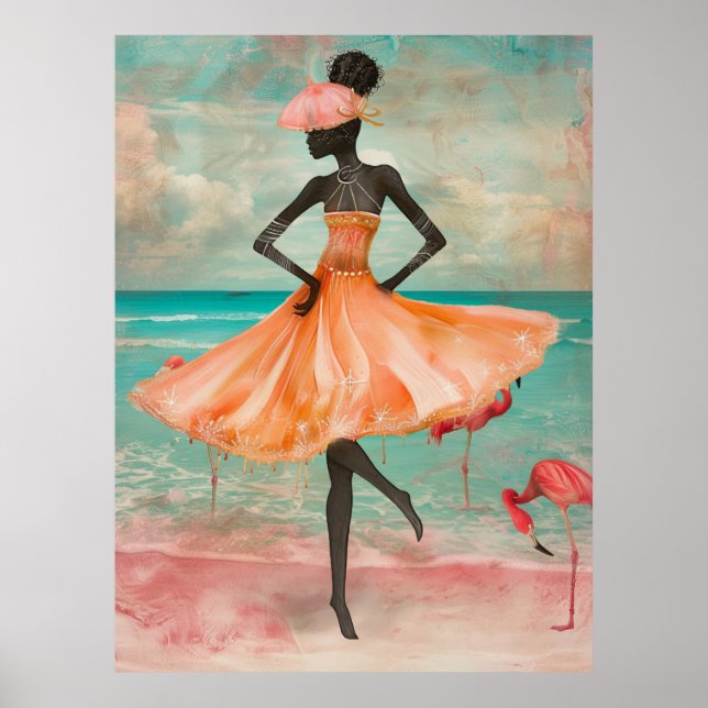 Poster *~* FD2 Flamant rose rose Femme noire tropicale 28 (Devant)