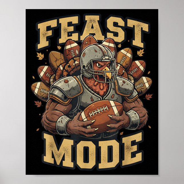 Poster Feast Mode Turkey Football Thanksgiving Funny Vint (Devant)