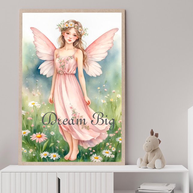 Poster Fée à l'aquarelle rose dans un champ de fleurs sau (Créateur téléchargé)