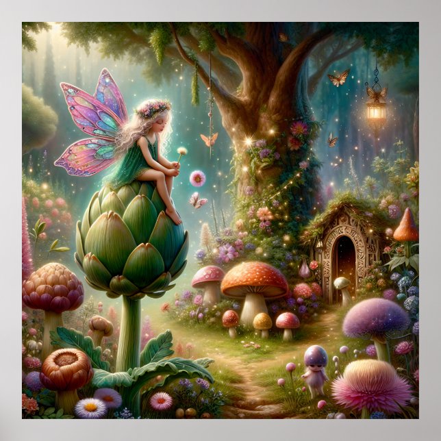 Poster Fée assise sur une illustration magique d'artichau (Devant)