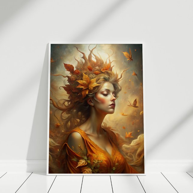 Poster Fée de forêt d'automne - Mystic Fall Wall Art (Autumn Forest Fairy – Mystical Fall Wall Art in a white wooden frame)