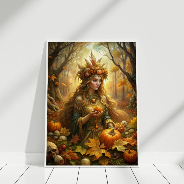 Poster Fée de sorcière citrouille - Halloween Enchantée (Pumpkin Witch Fairy – Enchanted Halloween Wall Art in a white wooden frame)