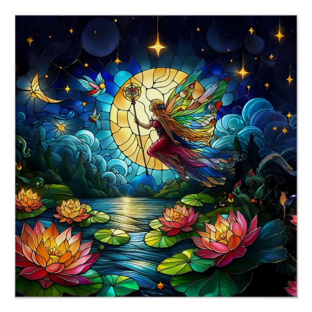 Poster Fée de vol au clair de lune en verre coloré (Devant)