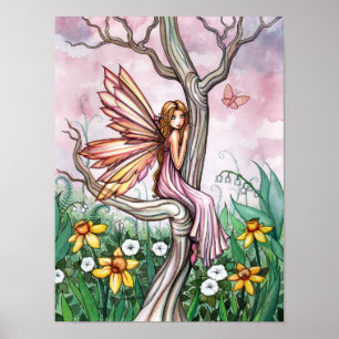 Poster Fée des fleurs printanières Jonquilles et Papillon