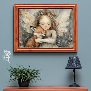 Poster Fée d'hiver et renard   Art Whimsical Woodland