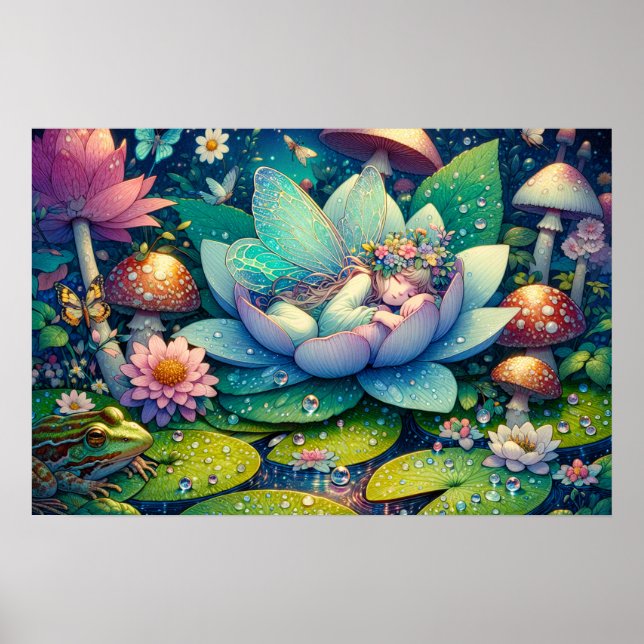 Poster Fée dormant sur un conte de fées de fleurs (Devant)